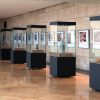 Row of climate-controlled museum display cases in a gallery
